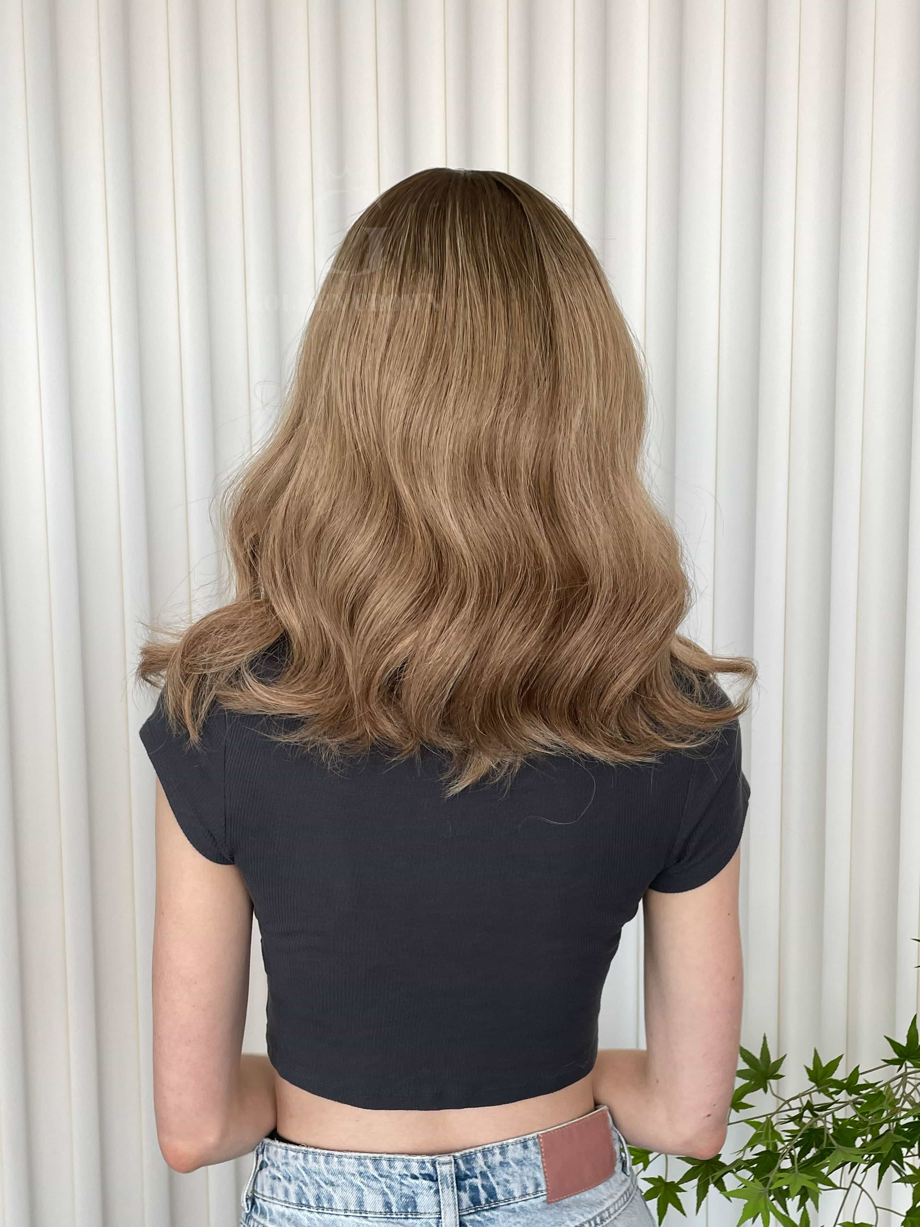 Maya Lace Top Base 100 Human Hair Wigs Model Back View GoldenCrownWigs.com